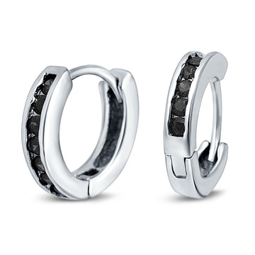 Eternity Huggie Hoop Earrings Channel Round Simulated Black CZ 925 Sterling Silver